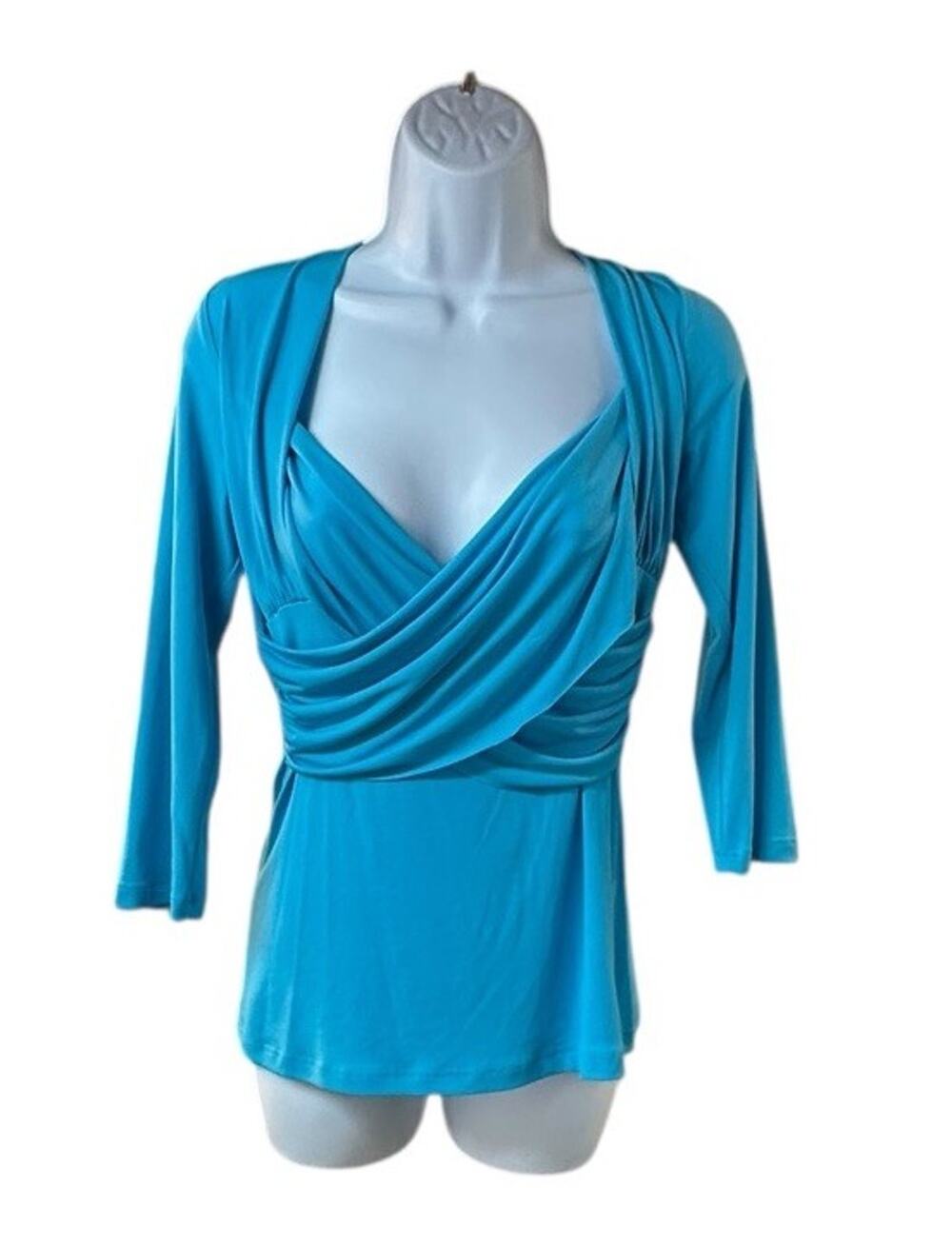 Georgiou Draped Surplice Top Blue 3/4 Sleeve Ruched Wrap Front Stretch READ